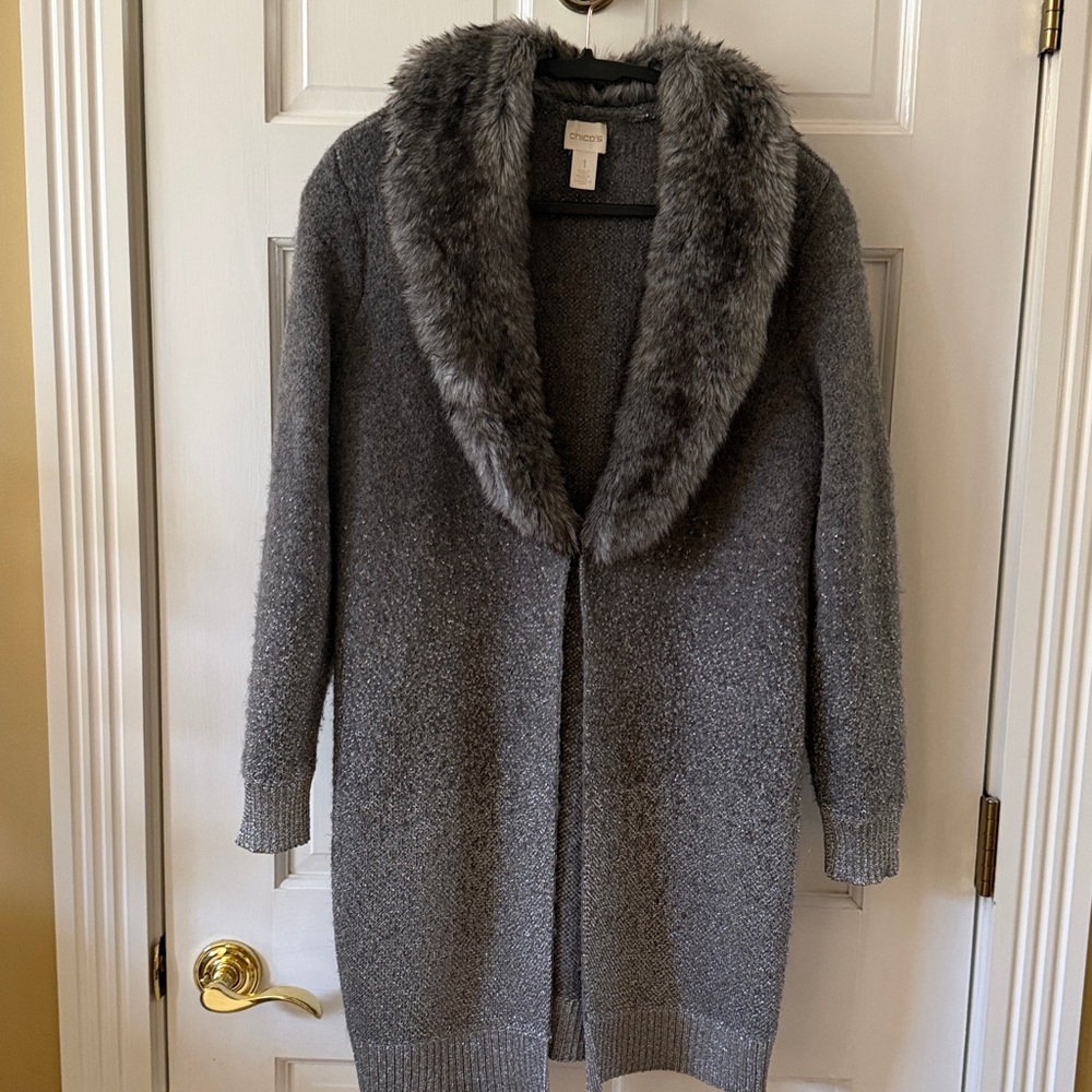 Chico's size 1 Charcoal Faux Fur Trim Cardigan